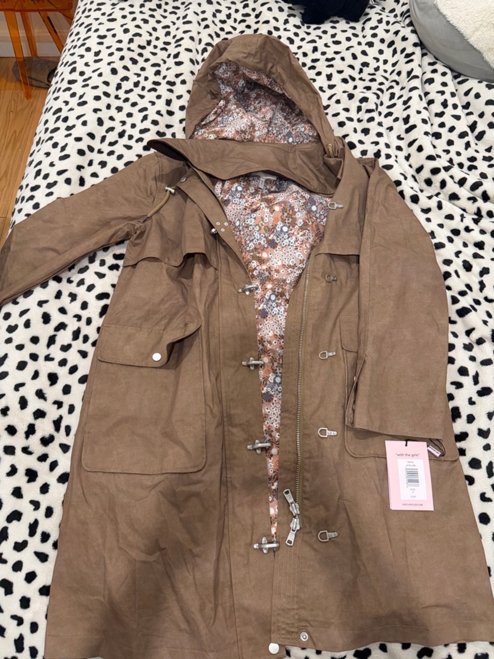 Avec Les Filles Brown Hooded Trench Coat with Floral Lining
